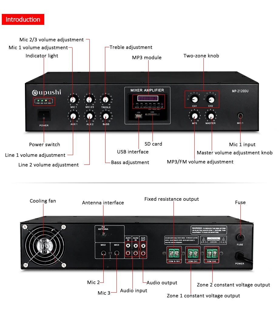 Oupushi аудио усилитель мощности 120 Вт MP-2120DU с 2 зонами Bluetooth пульт дистанционного управления для PA системы вещания усилители