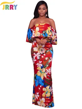 

JRRY New Casual Slash Neck Pattern Floral Women Maxi Dresses Off the Shoulder Ruffles Long Dress Vestidos
