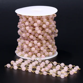 

HanKun 6mm Rose Round Natural Crystal Beads With Brass Wire Wrapped Rosary Chain For Making Jewelry Stone Bead Chain Necklace