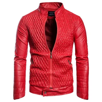 

AOWOFS Quilting Leather Jackets Men 2018 Autumn Fashion Motorcycle Jacket Men Red Designer Leather Coat Plus Size European Style