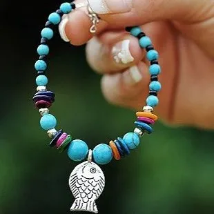 

FREE SHIPPNG Lovely Tibetan Silver Small Fish Red Coral/Blue Stone Candy Colored Shell Handmade Original Bracelet Ethnic Jewelry
