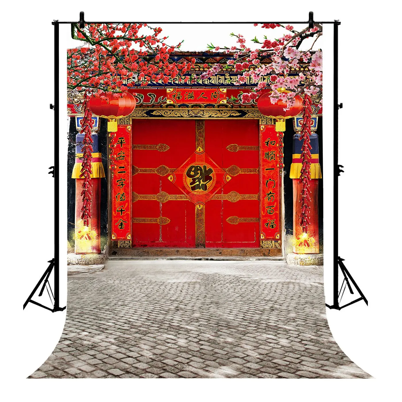 

5x7ft Happy New Year Red Lanterns Firecracker Blooming Flowers Polyester Photo Background Portrait Backdrop