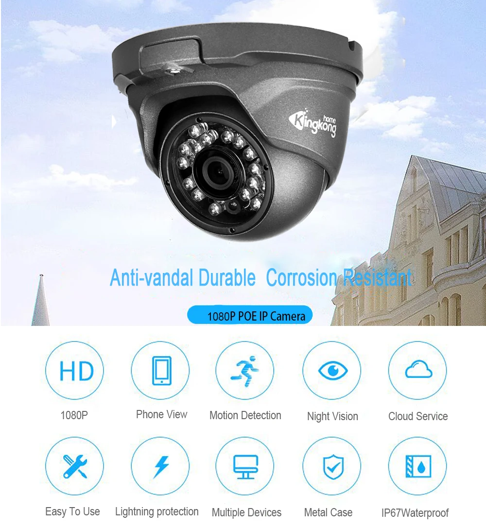 Kingkonghome IP Camera 48V POE Metal 1080P ONVIF Network Security Camera CCTV P2P Motion Detection Waterproof Outdoor IP Cam