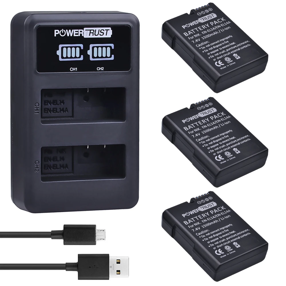 

PowerTrust 3x 1500mAh EN-EL14 EN-EL14a EL14 Battery+LED Dual USB Charger for Nikon D90 D300 D5300 D5200 D5100 D3300 D3200 D3100