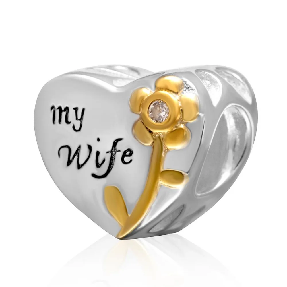 

Heart with Glod Flower Charm Authentic 925 Sterling Silver My Wife Beads Fit Valentine's Day Gift