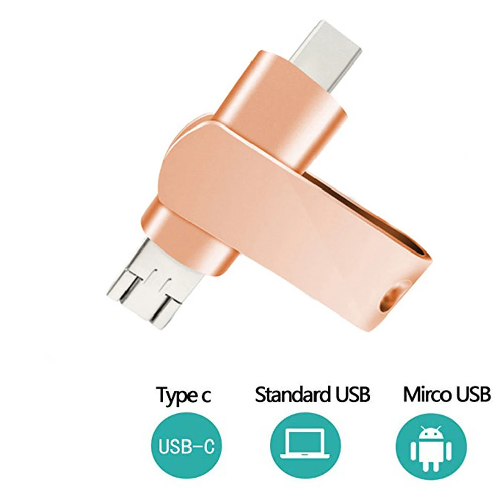 

3in1 USB C Flash Drive for Android 64GB, Type C Flash Drive 2.0 USB Thumb Drive(Both Micro/Type-C)for Phone Computers-Rose gold