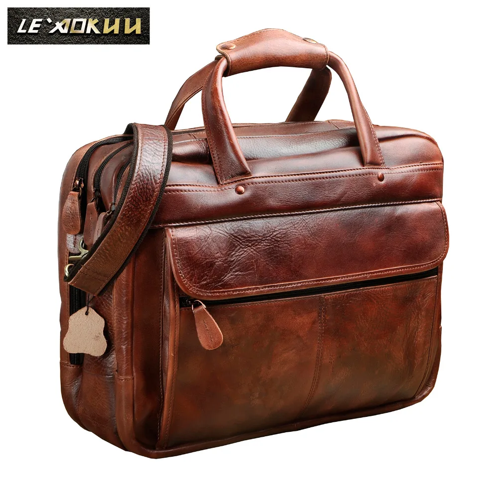 Men Original Leather Retro Fashion Travel Briefcase Business 15.6