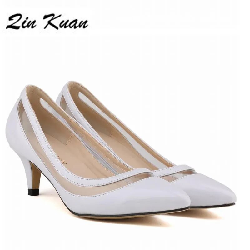 

New Plus Size Ladies Sexy Transparent Pointed Toe Party High Heel Shoes Women Fashion Mixed Color Patent Leather Pumps QKP0257A