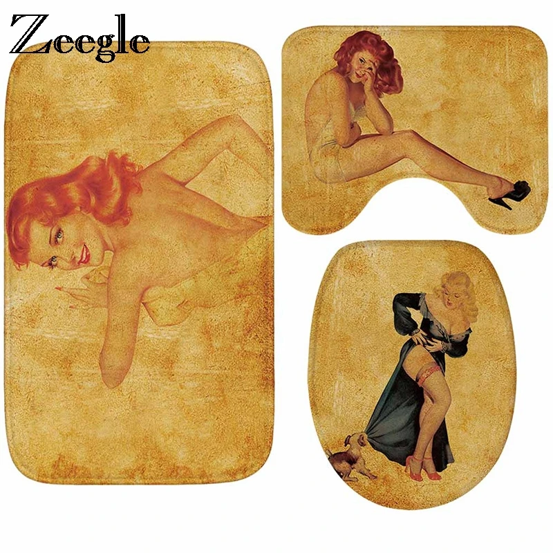 

Zeegle Bathroom Mat European Woman Printed Bath Mat Set 3Pcs Bathroom Carpets Non-slip Bath Rugs Shower Mat Bathroom Toilet Rug