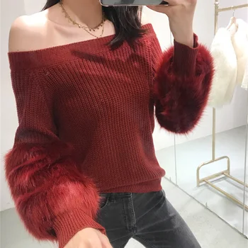 

ALPHALMODA 2017 Women Luxury Plush Sleeve Fashion Sweater Solid Color Slash Neck Pullovers Ladies Stylish Jumpers Top