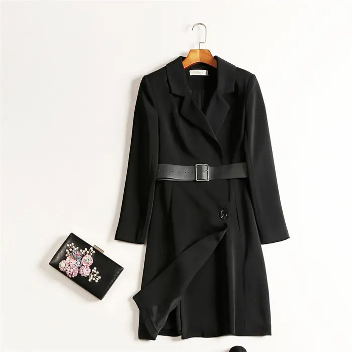 Весеннее пальто женское Блейзер Куртка Длинная секция Мода длинный рукав черный корейский Тонкий костюм пальто с поясом Верхняя одежда f1018 - Цвет: black