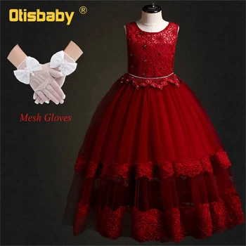 

Red Elegant Dresses for Girls Kids Floral Lace Embroidered Dress Children's Long Backless See-through Evening Dress Ball Gowns