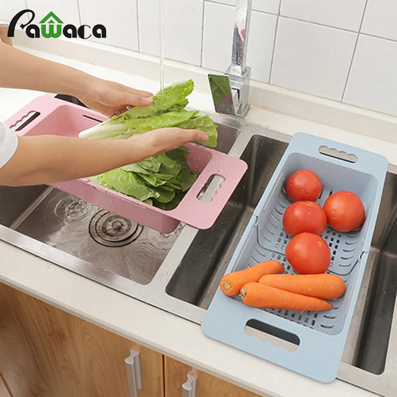 

Plastic Vegetable Fruit Washing Drain Basket Collapsible Colanders with Retractable Handles Kitchen Tools