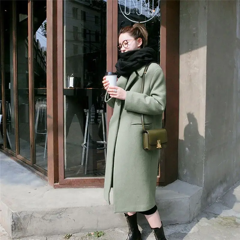 Women Solid long Coat Long Sleeve Pocket Wool Blend Coat UK Version Autumn Winter Classic Simple Wool Maxi Long Coat