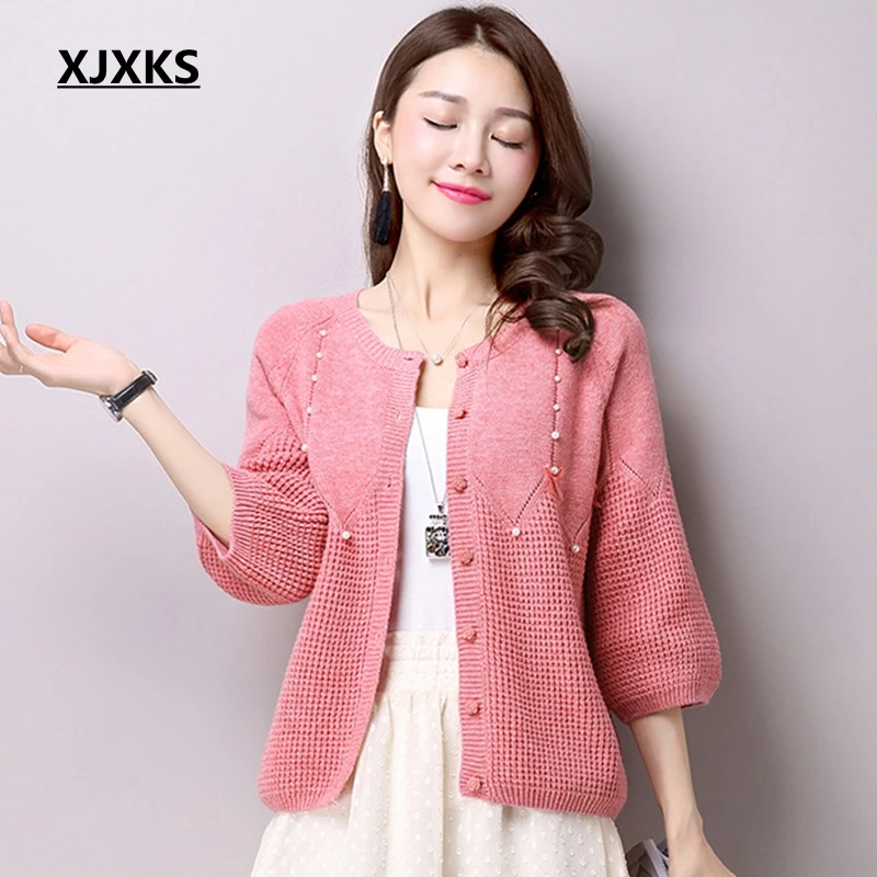 

XJXKS 2018 New Spring And Autumn Cashmere Sweater Knit Cardigan Fitting Three Quarter Sleeve Sweaters Casual O-Neck Outwear Top