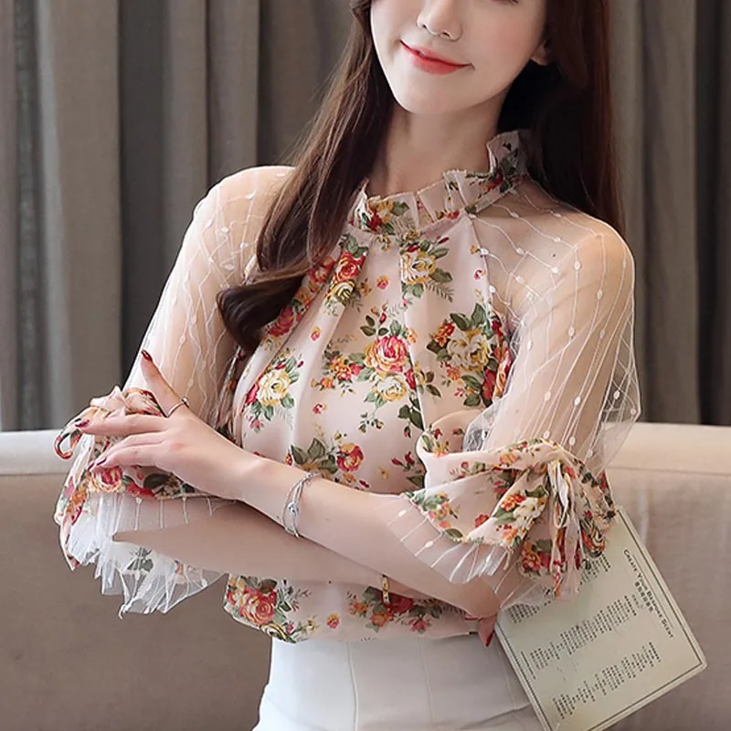 Women Sweet Sexy Shirts Summer New Lace Mesh Patchwork Chiffon Blouse Off Shoulder Bishop Sleeve Top Ladies Office Blouse Women Sweet Sexy Shirts Summer New Lace Mesh Patchwork Chiffon Blouse Off Shoulder Bishop Sleeve Top Ladies Office Blouse