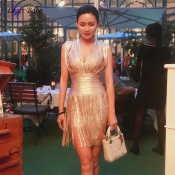 

2020 New Arrivals Sexy Gold Fringe Bandage Dress Women Tassel Summer Glitter Club Party Dress Foiling Print Sleeveless Vestidos