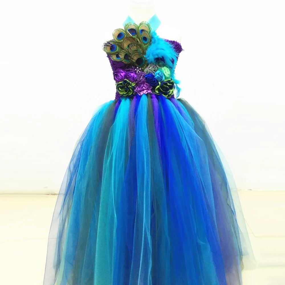 

Girl Pageants Feathers Peacock Dress Flowers Tulle Tutu Dress Kids Girls Evening Gowns Children Photoprops Wedding Party Dresses