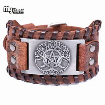 

My Shape Life of Tree Viking Bangle Hexagram Bracelet Men Jewelry Accessories Odin Symbol Wide Genuine Leather Bracelets