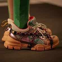 Кожаные сетчатые фирменные дизайнерские мужские громоздкие туфли на плоской подошве; обувь на толстом каблуке; Разноцветные мужские туфли на шнуровке; повседневная обувь с ремешком со стразами