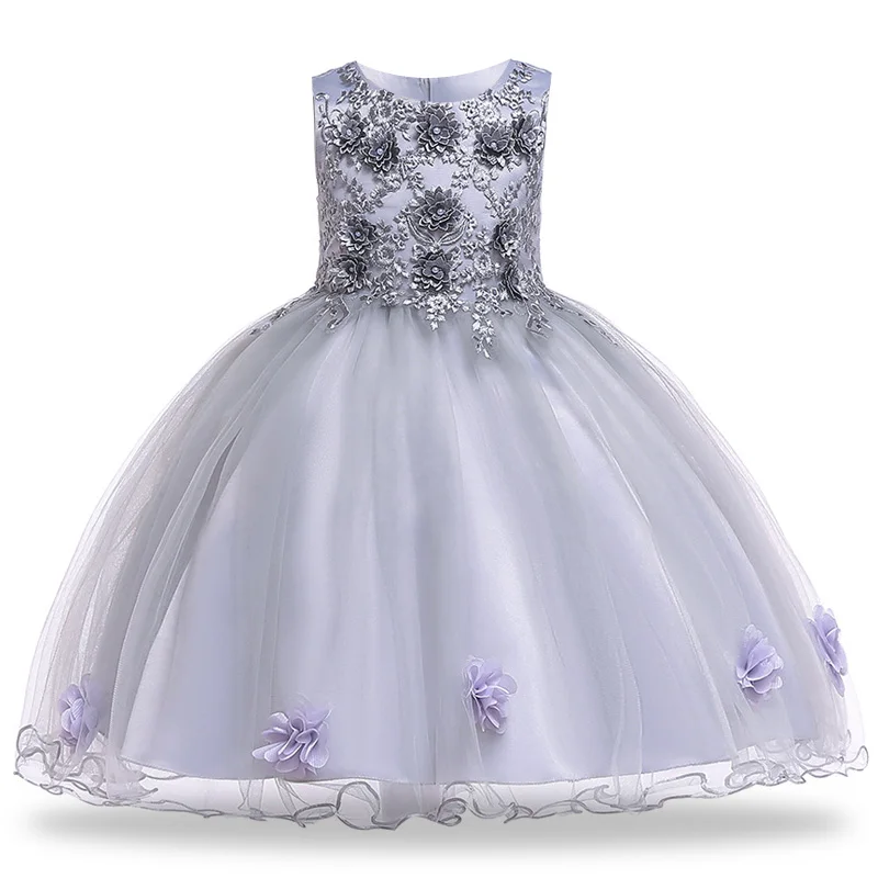 Летние Детские платья для девочек; платья принцессы с цветочной вышивкой; свадебное платье для девочек; костюм с юбкой-пачкой для дня рождения; vestidos - Цвет: Gray