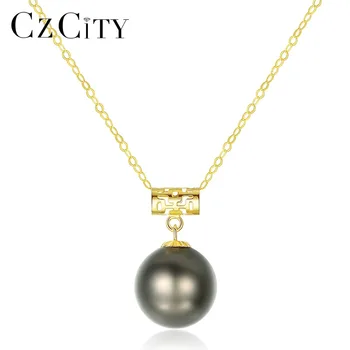 

CZCITY 100% 18K Yellow Gold Natural Round Ball Black Tahitian Pearls Pendant Necklace for Women Bridal Wedding Necklace Jewelry