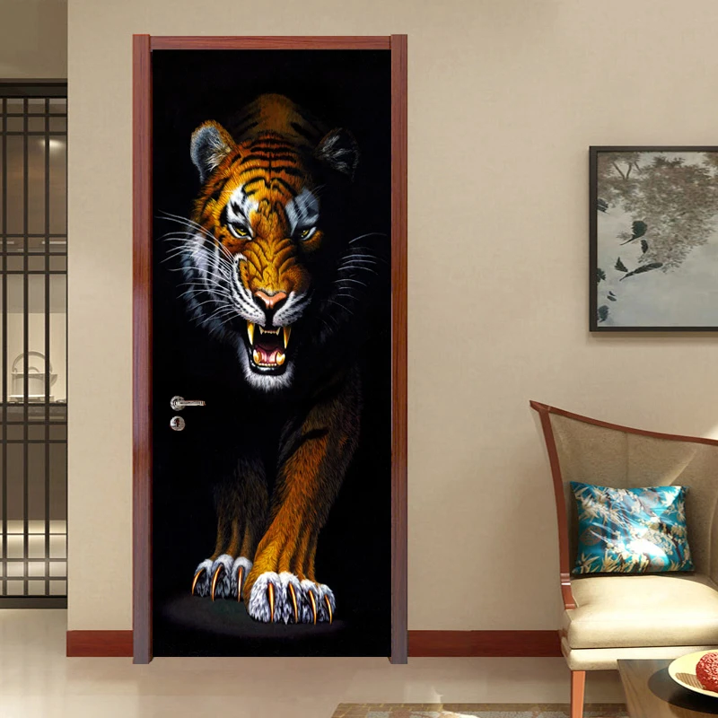 

Home Decoration Door Sticker 3D Stereo Tiger Animal Wallpaper Living Room Bedroom Kitchen Waterproof Vinyl Door Mural Door Paste