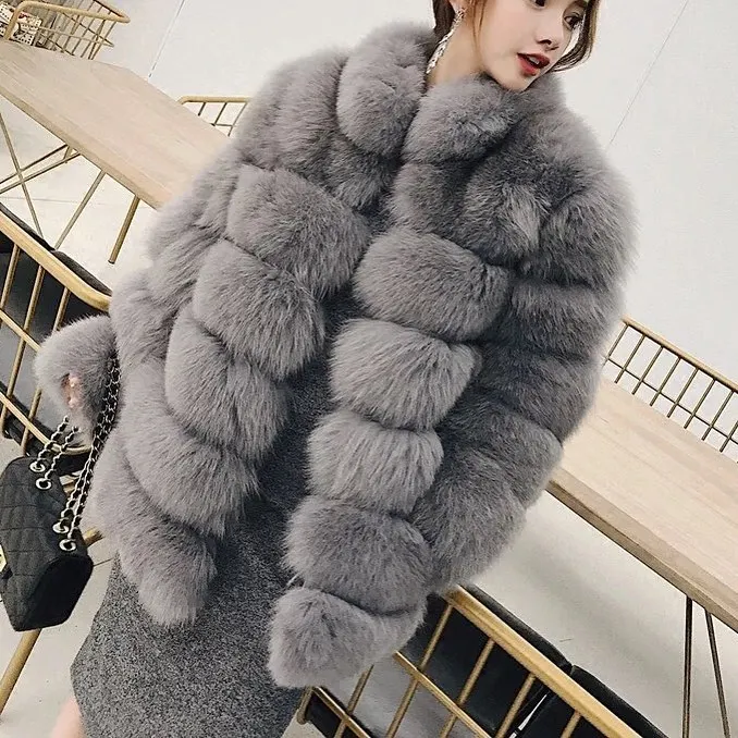 light grey-60cm Длинное зимнее теплое пальто из натурального меха, шуба из натурального Лисьего меха, толстые куртки из лисьего меха для женщин, большие размеры, верхняя одежда для женщин - Цвет: light grey-60cm