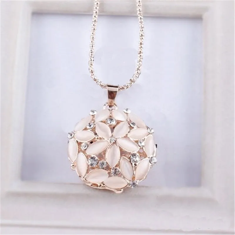 

Sale Jewelry Hollow Opal Crystal Flower Long Pendant Necklace Cute Gold Sweater Chain Free Shipping
