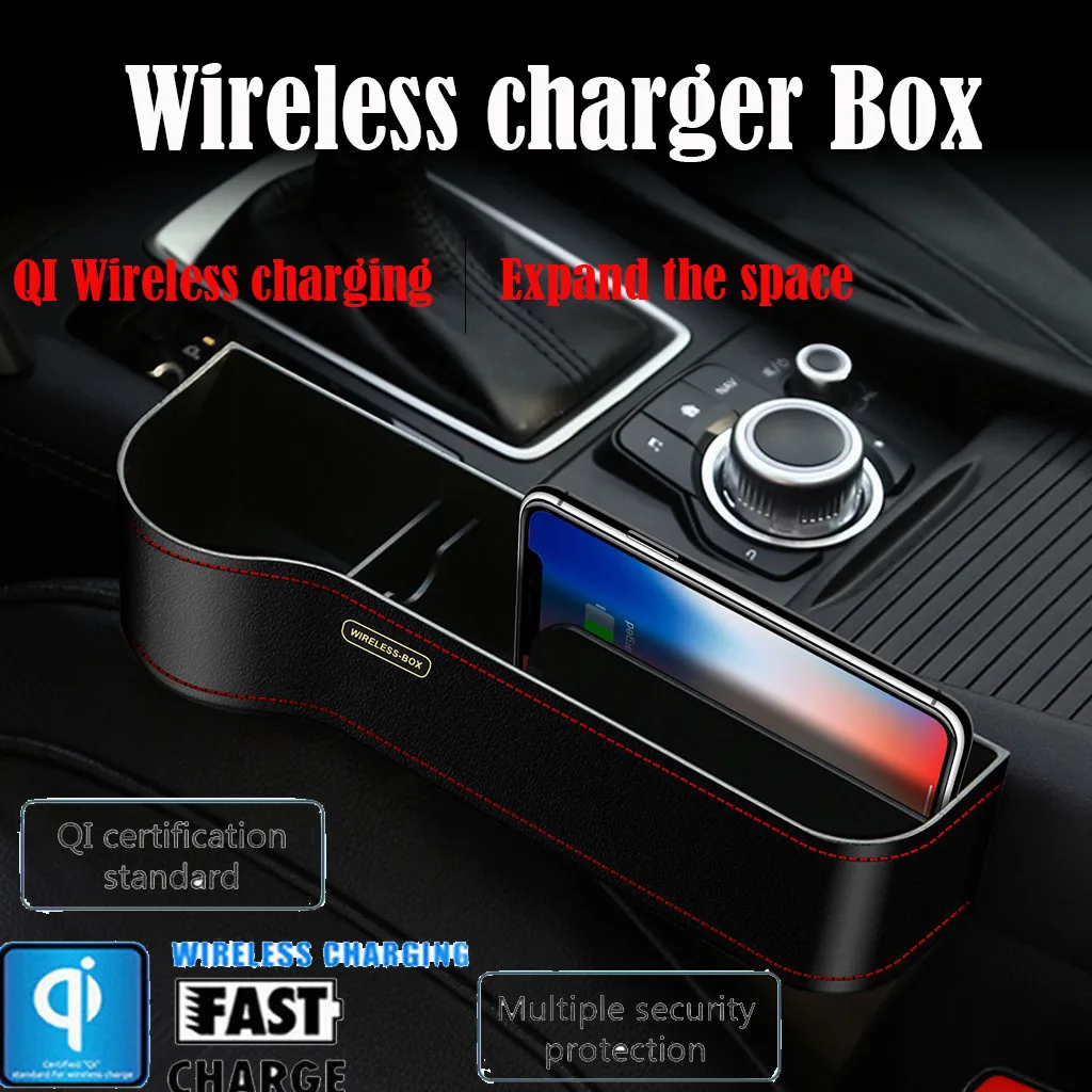 Q7 Qi Wireless Car Charger For Iphone 8 8P X XR Xs Max Car Seat Slit Gap Crevice Storage Box Orgainzer Charging Station Holder