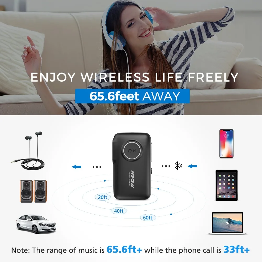 Mpow обновленный V5.0 Bluetooth приемник автомобильный адаптер с временем