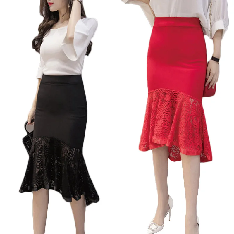 Sexy Women Pencil Skirt OL Slim Bodycon Skirt Lace Ruffles Hem Mermaid Office Wear Skirts-OPK