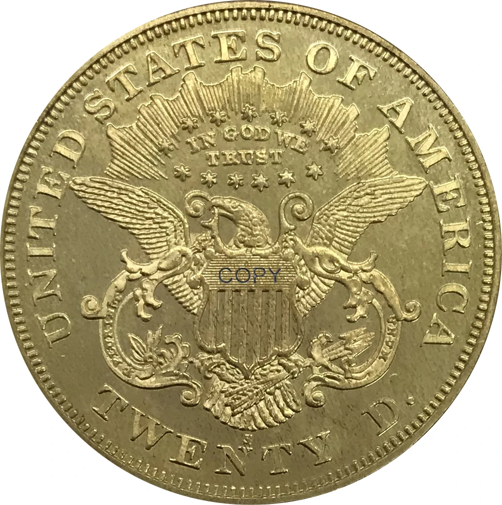 1870 S США 20 Twenty Dolls Liberty Head двуглавый орёл с девизом Золотая монета латунная Коллекционная имитация монеты