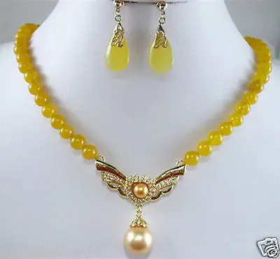 

Jewelry Yellow Jade Shell Pearl Crystal Pendant Necklace Earrings Set AAA style 100% Natural jade Noble Fine jewe