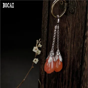 

100% real S925 sterling silver Natural South Red semi-precious stone vintage personality magnolia temperament lady earrings