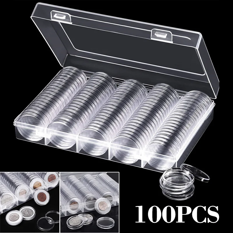 

100pcs 20/25/27/30mm Clear Coin Capsules Case Collector Round Coin Holder Organizer Protection Display Storage Box