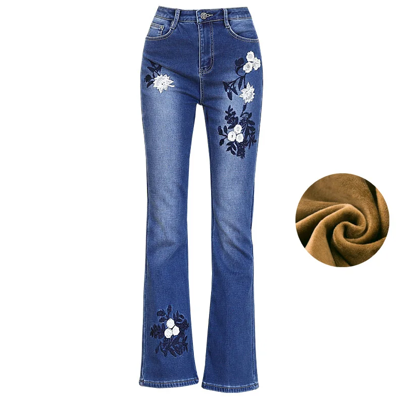 Women Jeans High Waist Bell Bottoms High Waist Winter Heat Insulated Thickness Embroidery Mom Denim Slim Pants Flared - Color: Blue