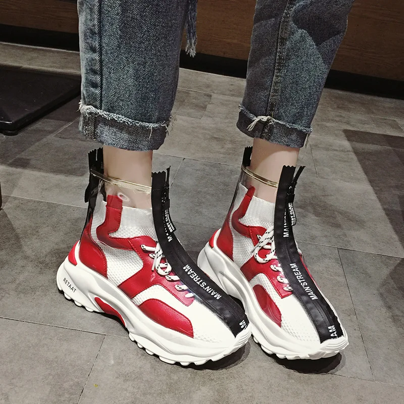 

2019 Shoes Women Cross-tied Fashion Brand High Top Sneaker Lady chaussure Autumn Female Leather footware Increasing Shoe Black