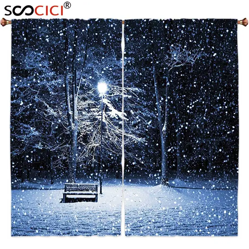 

Window Curtains Treatments 2 Panels,Winter View of a Bench and Lantern at the Park in Dark Snowy Night Windy Storm Print Dark