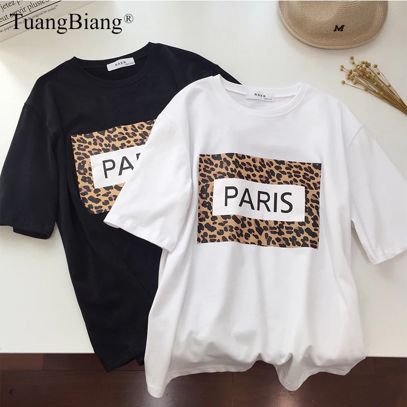 

Leopard Paris Print Ladies 2019 Summer Cotton T Shirts Femme Short sleeve Creative Tee Tops Women O-Neck Loose Plus size Tshirts