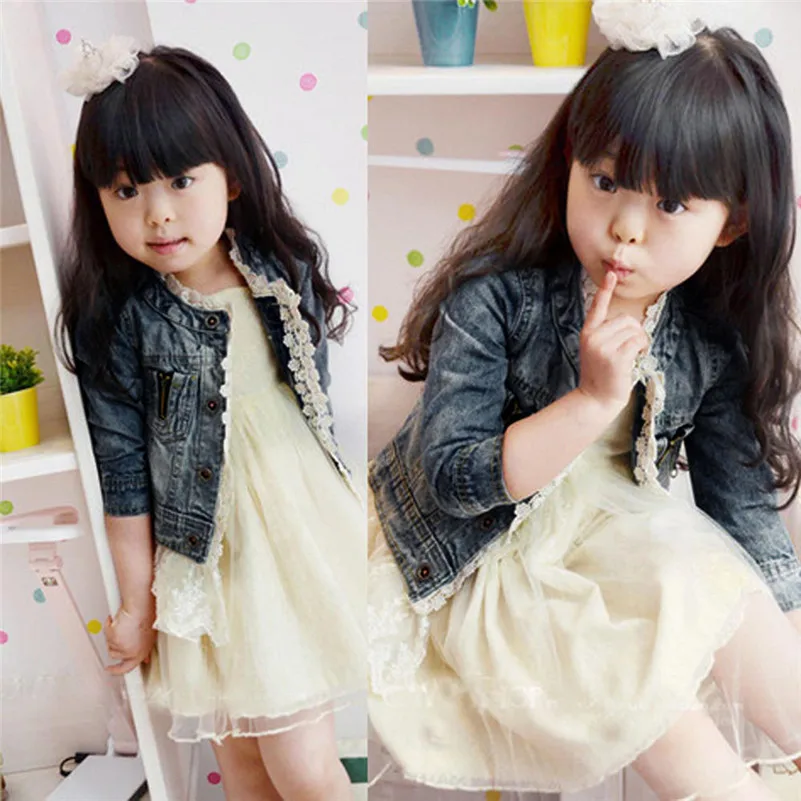 

2018 pretty grils Autumn winter Kids Baby Girls Autumn Cowboy Long Sleeve Lace Coat Jacket Clothes Outerwear Wear for kid QC3