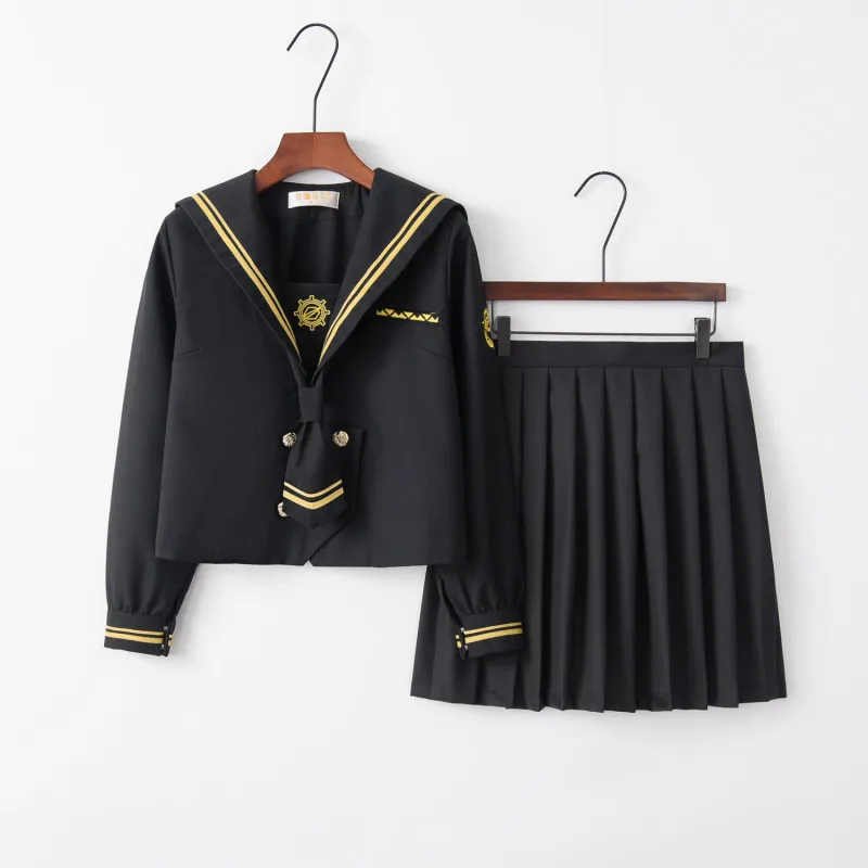Long Sleeve Set Новое поступление револьвер вышивка школьная форма черные японские девушки Старшеклассники униформы женские новизны матросские Костюмы униформы - Цвет: Long Sleeve Set