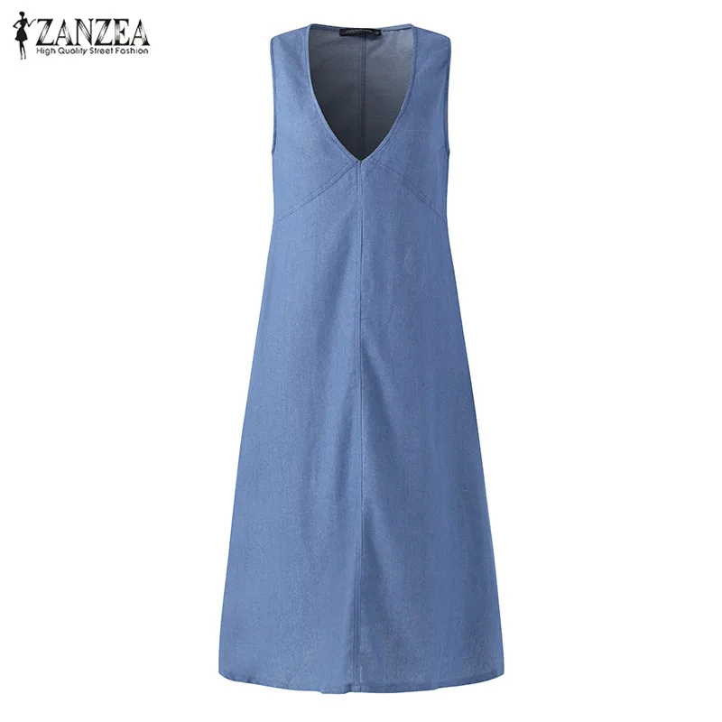 ZANZEA Women's Denim Sundress Female V Neck Summer Jeans Dress Ladies Sleeveless Tank Vestidos Casual Robe Femme Oversized - Цвет: Небесно-голубой