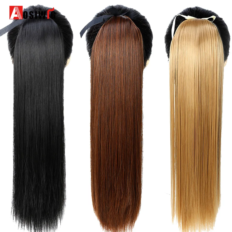 

AOSIWIG Hairpiece Pony Tails Synthetic Tress of Hair 22" Long Straight Fake Ponytails Clip On Ponytail Hair Extension