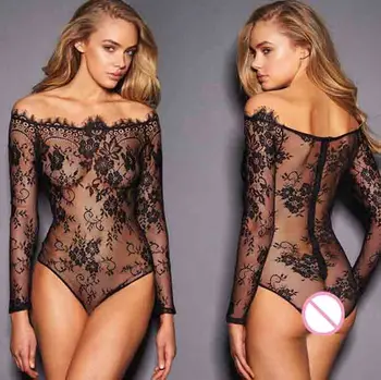 

Sexy Lingerie Slim Eyelash Long Sleeve Slash Neck Lace Mesh Onesies Three-point Women Night Underwear Babydoll