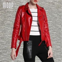 Red genuine leather jackets women lambskin motorcycle jacket coat with belt chaqueta mujer jaqueta de couro blouson moto LT175