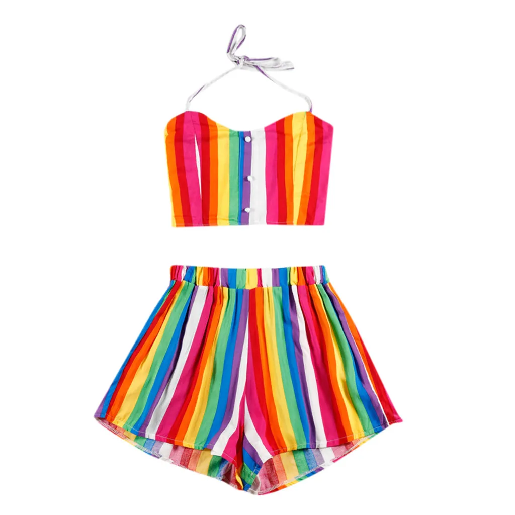 

Stylish Bar Striped Sexy Two-Piece Outfit Set Women Bandage Crop Tops+Shorts Suits Boho Summer Beach Outfits 2 Piece Tracksuit #