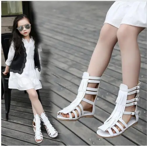 Summer fringe girl sandals Pu leather fashion Roman girls sandals kids