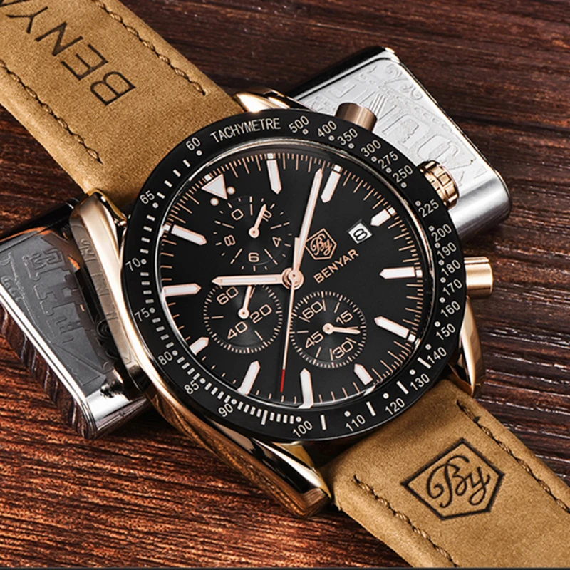  Men's Watches Benyar Fashion Quartz Men Watch Waterproof Military Sport Clock Man Casual Leather Ch