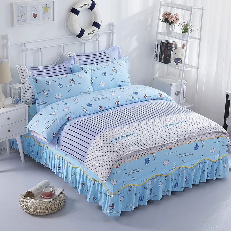 

100% Cotton Lovely Blue Small Fresh+Small Fish Pattern Bedding Set Soft Bedclothes 4Pcs Duvet Cover Set+Bed Skirt+Pillowcsse